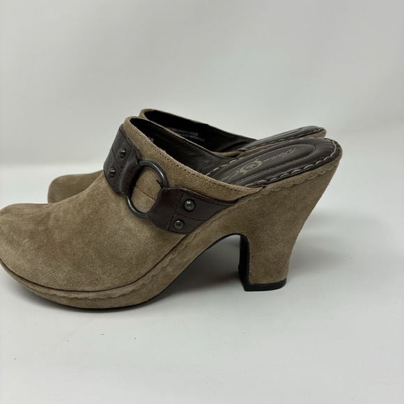 Born Crown Tan Brown Buckle Leather Suede Slide Mule Clogs Y2K Heel Womens 7 - Picture 4 of 13